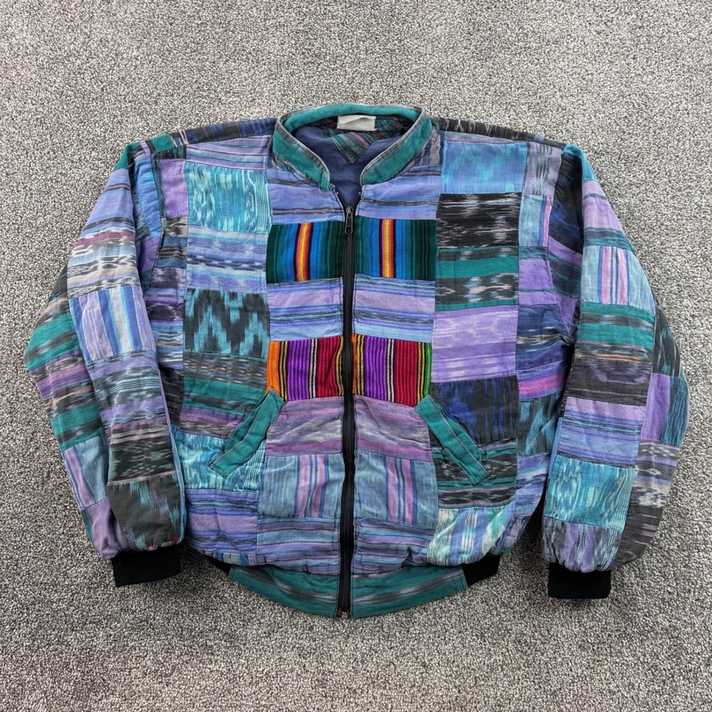 Vintage Boho Patchwork Bomber Jacket Adult Large Multi Color Woven Cotton